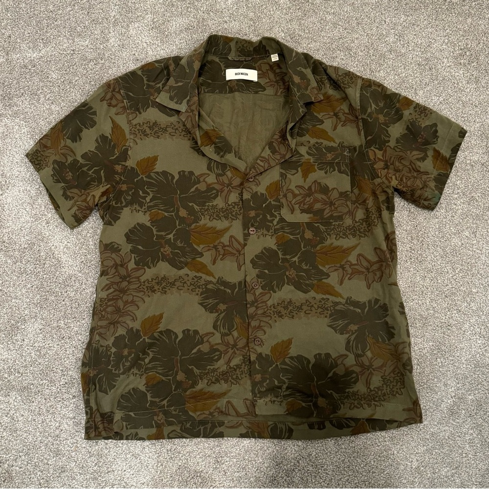 Buck Mason, Patterned One Pocket Button Up Short Sleeve Shirt, Large